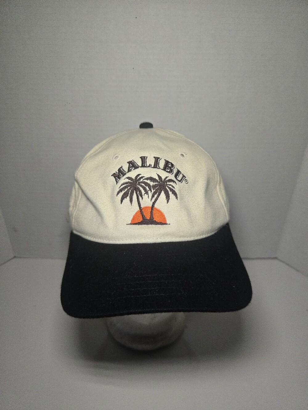 90s Vintage Malibu Two-Tone Palm Hat in Cream, Black and Orange Accent